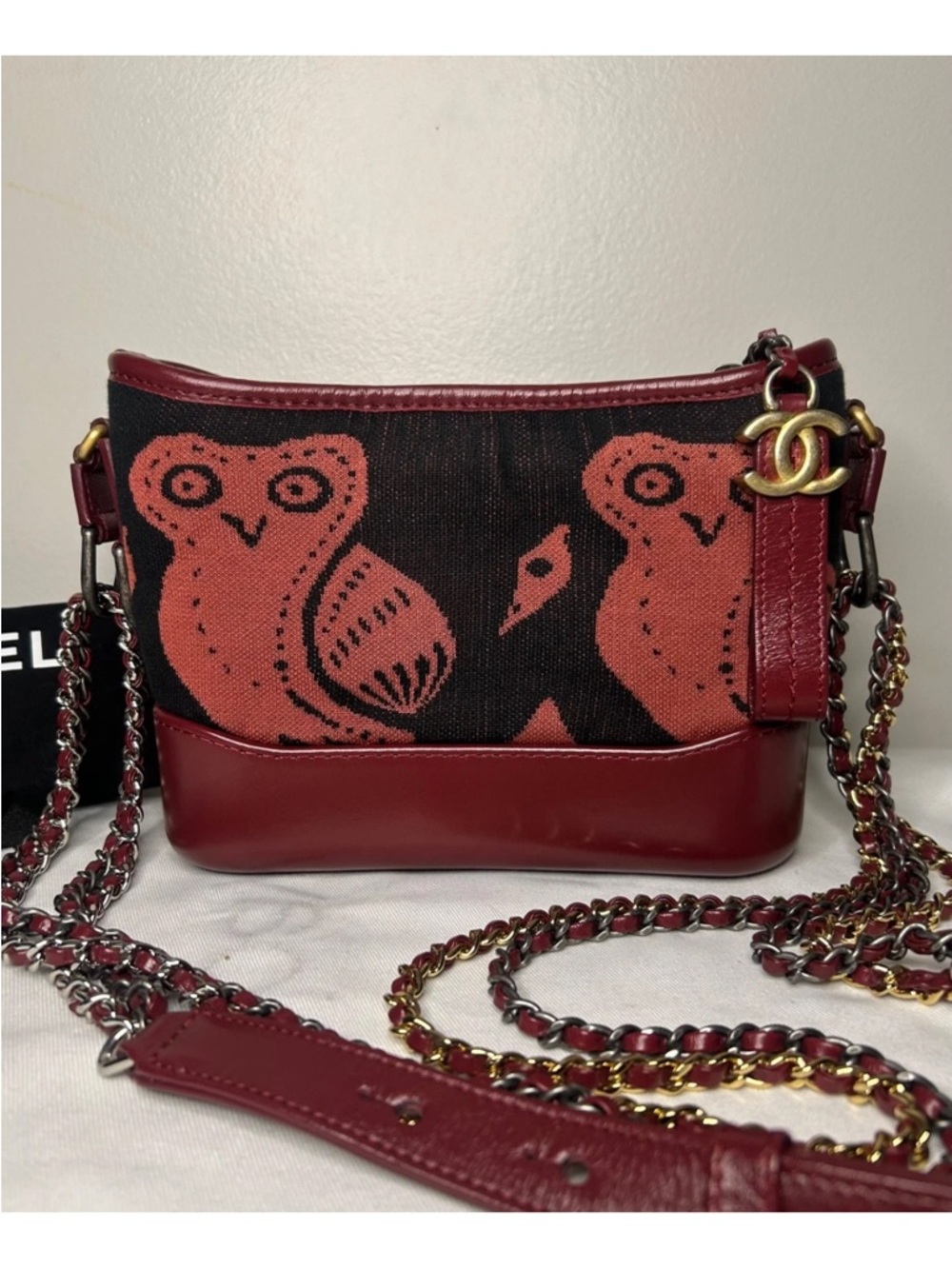 CHANEL Small Gabrielle Knit Owl Hobo Leather Crossbody Bag Burgundy/Black